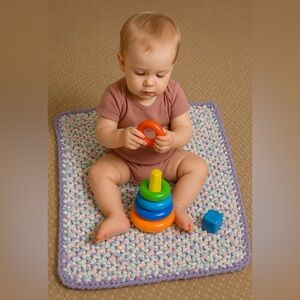 crocheted blanket baby or toddler 3 x 4.5 ft pastel colors purple pink & cream